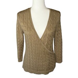 Ann Taylor Silk-Blend Faux Wrap Cable Knit Sweater Tan & Gold Metallic Fleck M